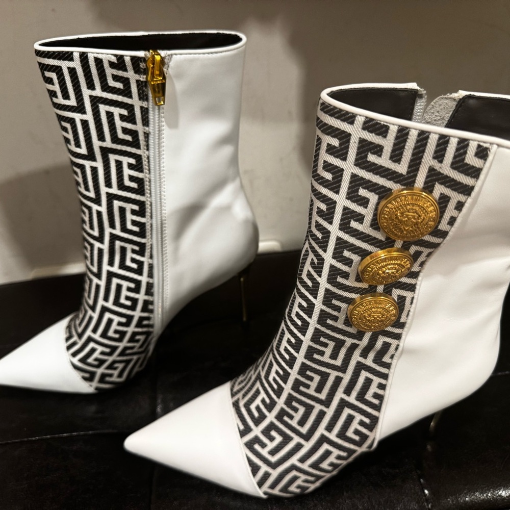 Designer Black and White Patterned Ankle Boots